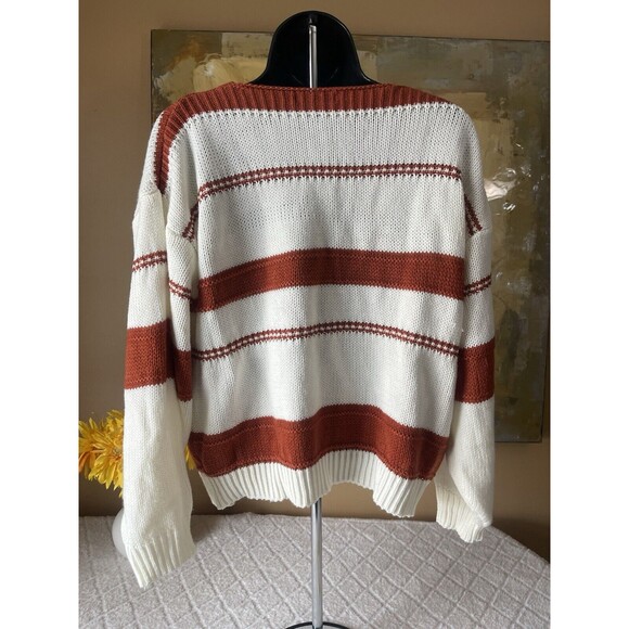 SHEIN Drop Shoulder Sweater Vneck Rust & White Striped Small - Picture 3 of 14